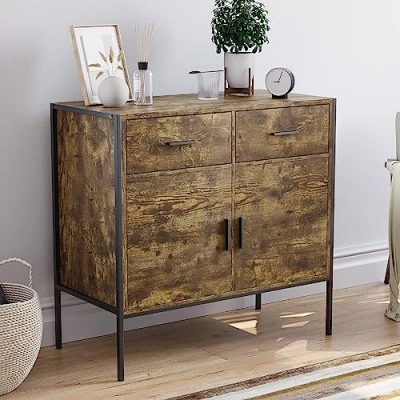 Image of Vida Designs Brooklyn 2 Door Drawer Sideboard Industrial Rustic Cabinet, Living Room Furniture (Dark Wood)