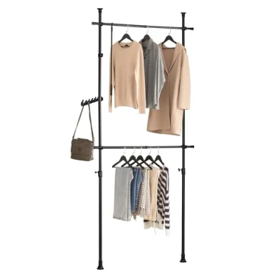 Image of SoBuy FRG109 SCH, Telescopic Wardrobe Organiser, Hanging Rail, Clothes Rack, Adjustable Storage Shelving, Black