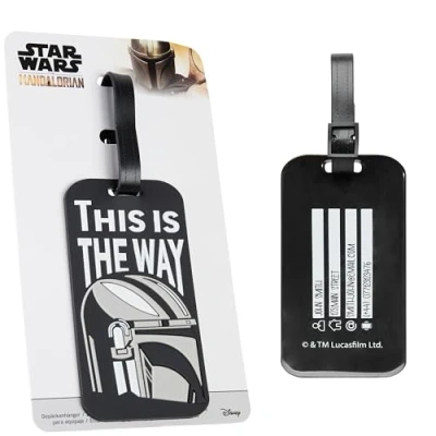Image of Disney Luggage Tags for Suitcase, Baggage Identification Travel Name Address (Black Mandalorian)
