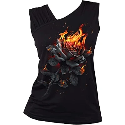 Image of Spiral Flaming Rose Gathered Shoulder Slant Vest Black S