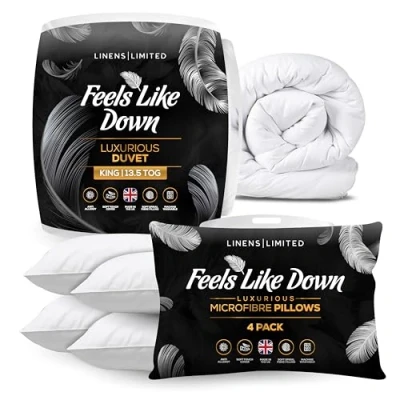 Image of Linens Limited King Size Duvet 13.5 Tog and Soft Pillows 4 Pack, Made in the UK, Hotel Quality, Feels Like Down, Luxurious Warm Bounce Back Pillows, Machine Washable (White)