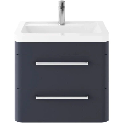 Image of Hudson Reed SOL302A Solar Modern Bathroom Wall Hung Vanity Unit Cabinet with 2 Drawers and Ceramic 40mm Profile Basin, Indigo Blue