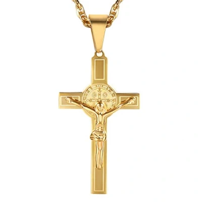 Image of PROSTEEL Gold Necklace Engraved Name Cross Chain Religious Jewelry Steel Plated Crucifix Pendant for Men