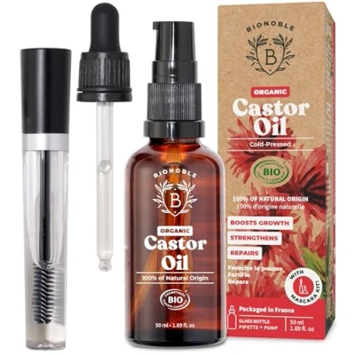 Image of Bionoble Organic Castor Oil 50ml 100% Pure, Natural, Cold Pressed Lashes, Eyebrows, Body, Hair, Beard, Nails Vegan, Cruelty Free Glass Bottle + Pipette Pump Mascara Kit