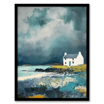 Image of Artery8 Classic Scottish Lochside Cottage Oil Painting Living Room Artwork Framed Wall Art Print 18X24 Inch