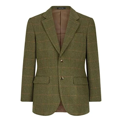 Image of WALKER AND HAWKES Men&#039;s Green Sage Two Button Derby Tweed Windsor Regular Fit Blazer Dark 48