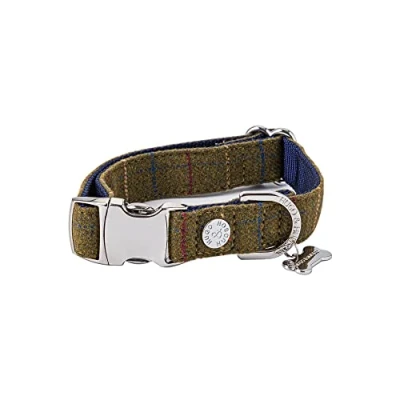 Image of HUGO &amp; HUDSON Tweed Dog Collar, Adjustable Quick Release Safety Metal Buckle, Dark Green Checked, L