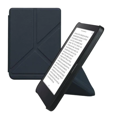 Image of kwmobile Origami Case Compatible with Kobo Clara 2E / Tolino Shine 4 Slim PU Leather Cover Stand Dark Blue
