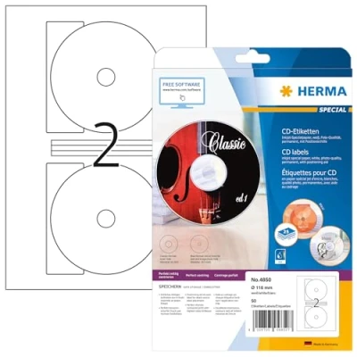 Image of HERMA Self Adhesive Full Face CD Labels, 2 Labels Per A4 Sheet, 50 For Inkjet Printers, Ø 116 mm MAXI (4850)