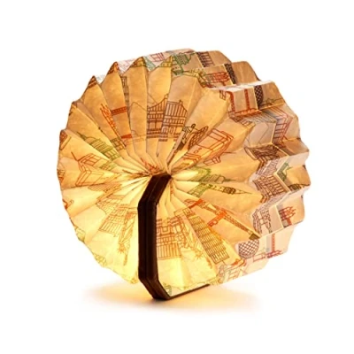 Image of Gingko Design Velvet LED Accordion Lamp, 5 Trendy and Exclusive Pattern, Lanyard Included, Long Lasting Rechargeable Battery, USB C Cable Packed in Premium Gift Box(Grey Landmark) (G006)