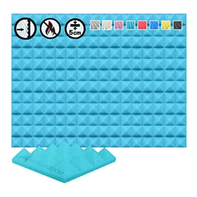 Image of Arrowzoom 12 Acoustic Panels Pyramid Sound Absorbing Treatment Tiles 25x25x5cm Recording Studio Noise Cancellation 26kg/m3 High Density Acoustical Dampening Fire Retardant 1034 BABY BLUE