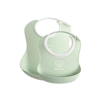 Image of BabyBjörn Feeding Bib Set (Baby + Small Baby Bib), Powder Green