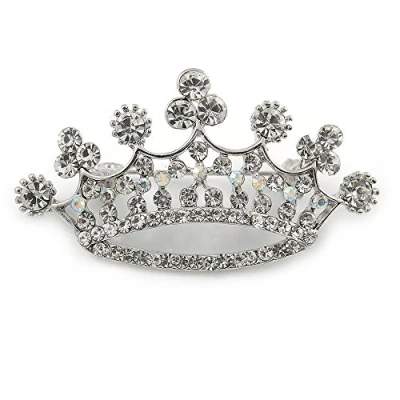Image of Avalaya Clear Crystal Crown Brooch in Silver Tone Metal 50mm W