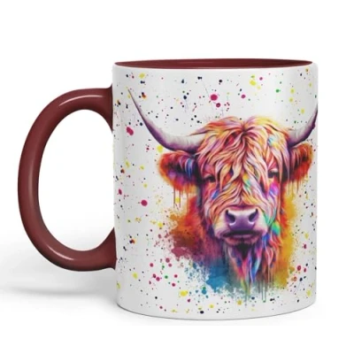 Image of Vixar Highland Cow Scottish Farm Animals Watercolour Art Coloured 330 ml Mug Cup Gift Birthday Work Office Tea Coffee (hc4) (Maroon)