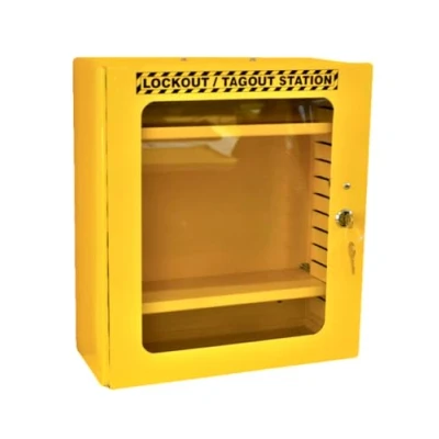 Image of Lockout Station, Powder Coated Steel Wall Cabinet, 2 Adjustable Shelves, Fixings &amp; Keys Included, Yellow