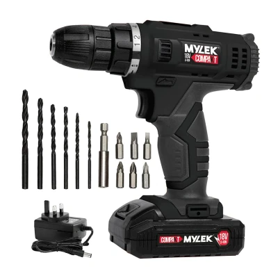 Image of MYLEK MYW09 18V Cordless Drill Electric Screwdriver Set, Powerful Lithium Ion Battery Pack, 18 Volts Combi Driver, DIY Accessory Kit, Black