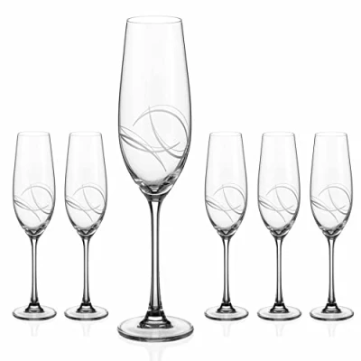Image of DIAMANTE Champagne Flutes Prosecco Glasses Set of 6 with &#039;Arctic&#039; Hand Cut Design