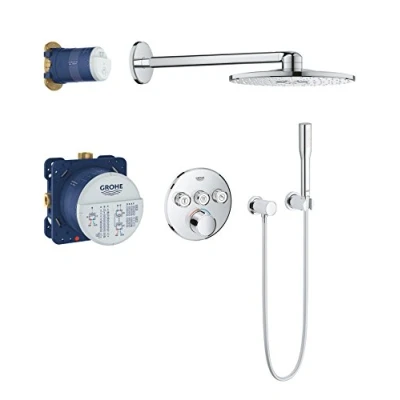Image of GROHE SmartControl Concealed 3 way Mixer Valve Push Button Shower Set (SmartActive Cube 31cm Head 2 Spray, Hand 1 Hose 1.5m, Turn for Volume Adjustment), Chrome, 34709000