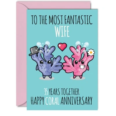 Image of Cute Coral Anniversary Card for Wife 35 Years Together Happy 35th Wedding Cards from Husband, A5 Greeting Thirty Fifth Anniversaries