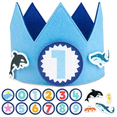 Image of BONNYCO Sea Animals Birthday Crown with Interchangeable Numbers from 0 to 9 &amp; Themed Figures 1st Gifts for Kids Hat, Under the Party Decorations, Crown, Carnival
