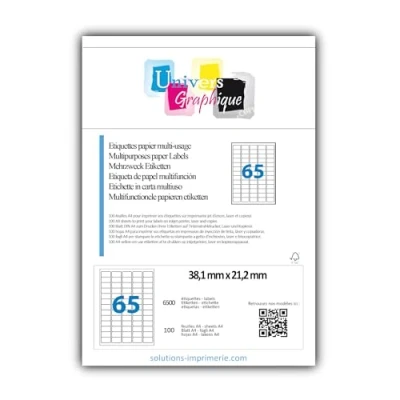 Image of UniversGraphique, 6500 Mini Sticky Labels on A4 Sheets, White Adhesive, 38 x 21.2 mm, 100 65 per Sheet, Ref UGE65 l7651