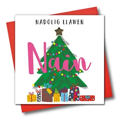 Image of Welsh Language Embellished Christmas Greeting Card, Nadolig Llawen, Nain, Happy Grandma, Tree and Presents