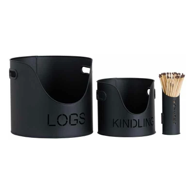 Image of Hill 1975 19143 Log&#039;s &amp; Kindling Buckets + Matchstick Holder in Black, Metal, Mixed, one