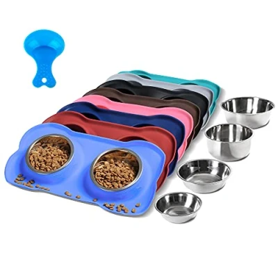Image of Hubulk Pet Dog Bowls 2 Stainless Steel Bowl with No Spill Non Skid Silicone Mat + Food Scoop Water and Feeder for Feeding Small Medium Large Dogs Cats Puppies (S, Blue)