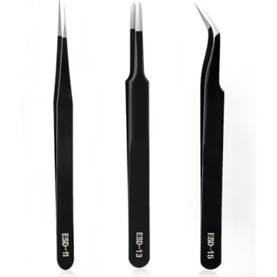 Image of 3 Pieces Black Tweezers for Crafting Precision ESD Tweezer Set, Anti Static Stainless Steel Modelling Electronic Device Repair