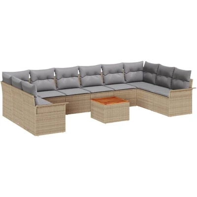 Image of vidaXL 11 Piece Garden Sofa Set with Cushions Beige Poly Rattan Acacia