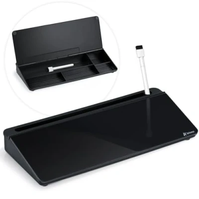 Image of Varhomax Glass Desk Whiteboard with Storage, Buddy to do List Memo Desktop Dry Erase White Board Keyboard Stand Organizers for Home Office and School Supplies (Black)