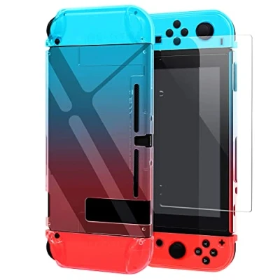 Image of Dockable Protective Cover Case with Screen Protector Compatible Nintendo Switch, YUANHOT Switch Hard Shell and Thumb Grip Caps Accessories, Crystal Plastic Gradient Blue Red