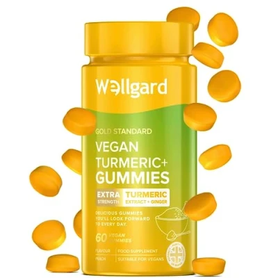 Image of Wellgard Vegan High Strength Turmeric Gummies with Ginger 1980MG Chewable Gummies, Curcumin Supplement, 60 Peach Flavour