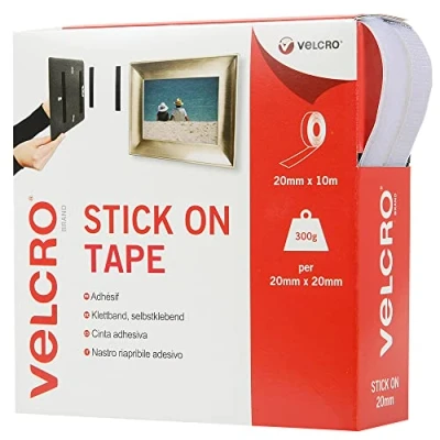 Image of VELCRO® Brand Stick On Tape Cut to Length Strong Hook &amp; Loop Self Adhesive Sticky Perfect for Room Décor Home, Office, Garage Use White 20mm x 10m