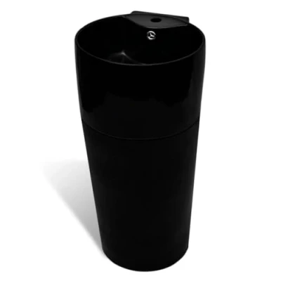 Image of vidaXL Black Round Ceramic Stand Bathroom Sink Basin with Overflow Hole, Modern Design for Bathroom, Washroom, Powder Room, Easy to Clean, Freestanding or Wall Mounted Installation Option