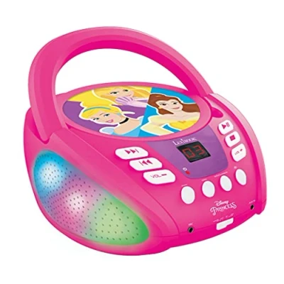 Image of Lexibook RCD109DP Disney Princess Bluetooth CD Player for Kids Portable, Multicoloured Light Effects, Microphone, Aux in Jack, AC or Battery Operated