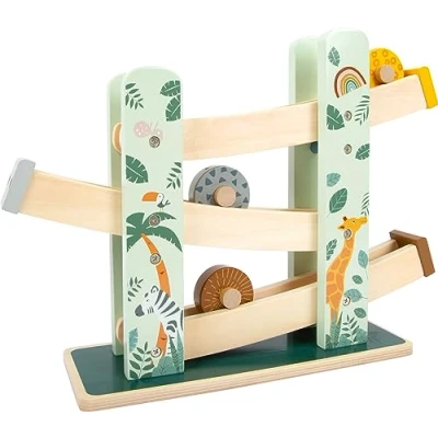 Image of Small Foot Safari 11707 Marble Run with 3 Coloured Wooden Wheels for Children from 18 Months Toys