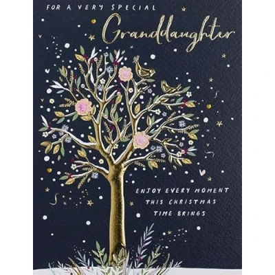 Image of Paperlink Special Granddaughter Christmas Card Birds in a Tree with Winter Flowers Embossed Foil Details Eco Friendly and Recyclable