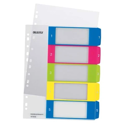 Image of Leitz 12410000 A4 WOW 1 5 Index, PC Printable, Extra Wide, Heavy Duty Plastic, White/Multicolour
