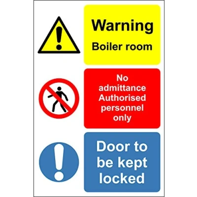 Image of Warning boiler room no admittance authorised personnel only door to be locked Safety sign 1.2mm Rigid plastic 400mm x 300mm