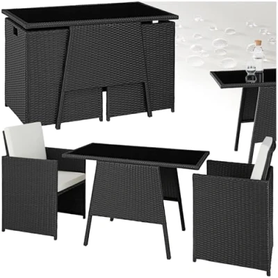 Image of TecTake® Rattan Bistro Set, 2 Chairs and 1 Table, Robust Steel Frame, Stainless Screws, Chic Design with Removable Cushions, Easy to Clean Glass Top, for Patio, garden, balcony black