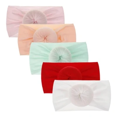 Image of DRESHOW 5 Pack Baby Girl Nylon Headbands Newborn Infant Toddler Hairbands and Bows Child Hair Accessories