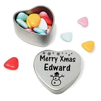 Image of Gift In Can Merry Xmas Edward Heart Shaped mini Tin filled with coloured chocolates perfect christmas card alternative for Fun Festive Snowman Design