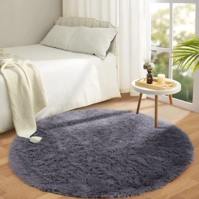 Image of Aspire Homeware Round Rugs Living Room Grey Area 120x120cm for Bedroom Anti Slip Modern Super Soft Thick Pile Small Fluffy Shaggy Rug Non Shedding