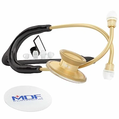 Image of MDF Acoustica Lightweight Stethoscope, Adult, Dual Head, Black Tube, Gold Chestpiece Headset, MDF747XPK11