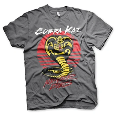 Image of Cobra Kai Officially Licensed Never Dies Mens T Shirt (Dark Grey), Medium