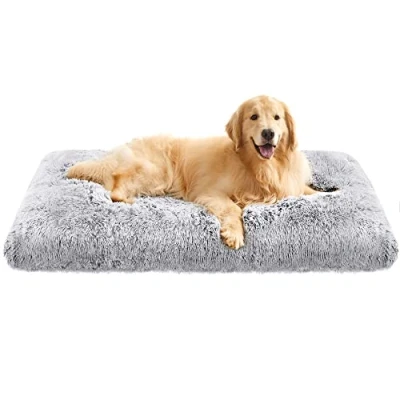 Image of Feandrea Dog Bed, Fluffy Anti Anxiety Crate Mattress, Calming Pet Beds, Washable Pillow Cushion, Plush Mat with Slip Bottom, 122 x 74 cm, Light Grey PGW204G01