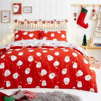 Image of Fusion Happy Santa Claus Duvet Cover Double Bedding Size (200 x 200cm) Reversible (2 Colours) 2x Pillowcases Included Easy Care Red Christmas with Father Decor