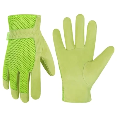 Image of HANDLANDY Leather Gardening Gloves for Women, 3D Mesh Comfort Fit Improves Dexterity and Breathability, Pigskin Scratch Resistance Garden Working Vegetable or Pruning Roses（Large, Green