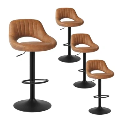 Image of EUGAD Set of 4 Bar Stools Brown Kitchen Counter Island Chairs, Soft Faux Leatherette PU Seat, Solid Adjustable Gas Lift Frame 0667BY UK
